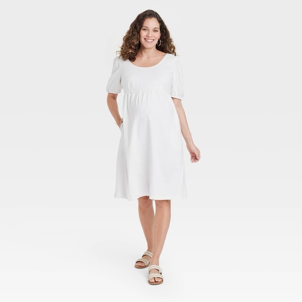 Ingrid & Isabel Short Sleeve Linen Midi Maternity Dress with Pockets